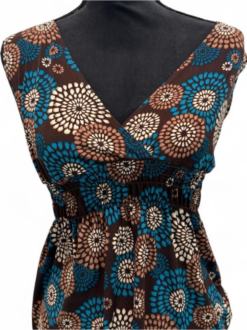 Y2K Brown Teal Floral Babydoll Top Size Large Boho Retro Tank - Picture 2 of 7